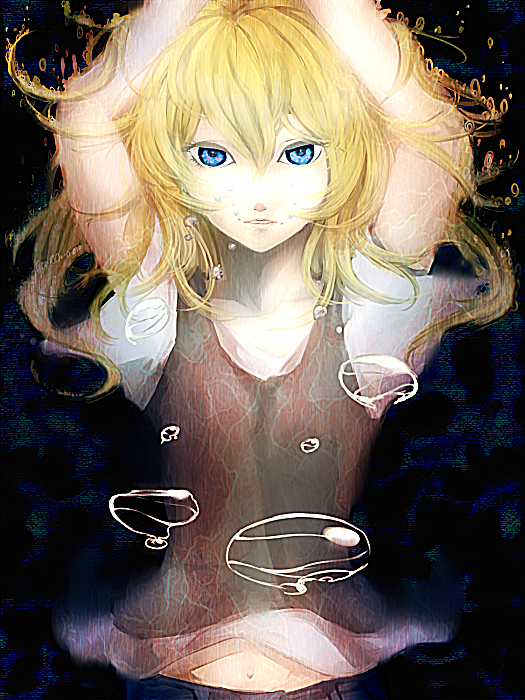 1girl bad_id bad_pixiv_id blonde_hair blue_eyes bubble female_focus gakushi long_hair looking_at_viewer mermaid_swamp midriff navel ningyo_numa shadow sidelocks solo tanoshi underwater yamazaki_rin