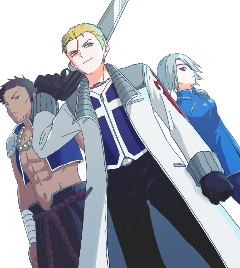 1girl 2boys blonde_hair blue_eyes brown_eyes brown_hair chain chain_necklace coat commentary_request dark-skinned_male dark_skin dress eyepatch facial_hair final_fantasy final_fantasy_viii fuujin_(ff8) gloves gunblade hair_slicked_back jacket jewelry long_coat long_sleeves male_focus manda_szn3 multiple_boys muscular muscular_male necklace pants raijin_(ff8) red_eyes scar scar_on_face scar_on_forehead seifer_almasy shirt short_hair single_shoulder_pad smile v-neck weapon white_background white_coat zipper_dress