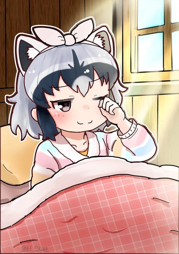 1girl alternate_costume animal_ears blue_pajamas blush bow brown_eyes common_raccoon_(kemono_friends) extra_ears green_pajamas grey_hair hair_between_eyes hair_bow kemono_friends kemono_friends_3 multicolored_hair multicolored_pajamas one_eye_closed ookura_haruto pajamas pillow pink_bow pink_pajamas raccoon_ears raccoon_girl rubbing_eyes short_hair sidelocks smile solo striped_clothes striped_pajamas under_covers yellow_pajamas