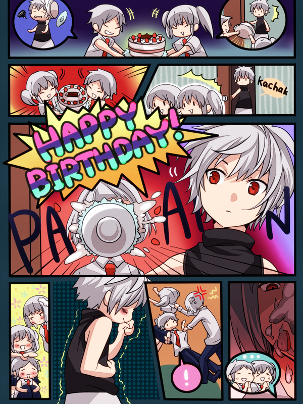 .flow 2boys 2girls albino anger_vein bad_id bad_pixiv_id blush cake closed_eyes clothes_grab comic english_text food food_on_face giggling happy_birthday in_the_face kaibutsu multiple_boys multiple_girls necktie olmatown pie_in_face red_eyes sabitsuki school_uniform shirt_grab short_hair sleeveless smile twintails white_hair