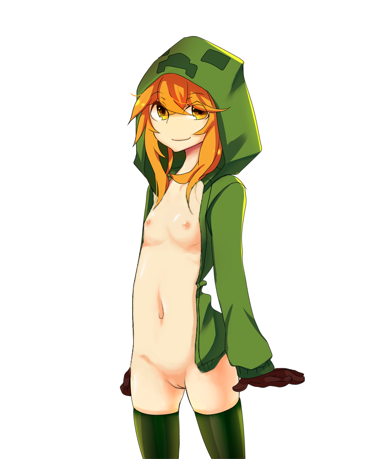 1girl at2. breasts brown_gloves closed_mouth creeparka creeper cupa_(at2.) gloves green_hoodie green_thighhighs hood hoodie long_sleeves looking_at_viewer minecraft mob_talker navel orange_hair personification pussy small_breasts smile solo thighhighs transparent_background uncensored yellow_eyes