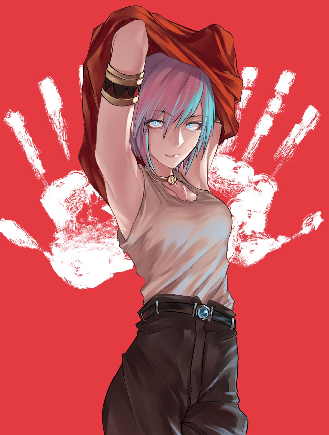 1girl aqua_hair armpits belt blue_eyes breasts choker closed_mouth highres joki_yoh linda_(linda_cube) linda_cube looking_at_viewer short_hair simple_background smile solo