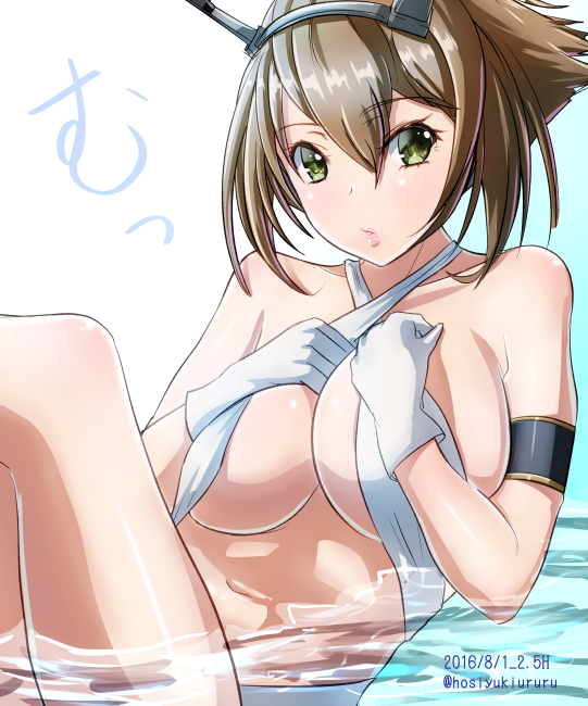 1girl armband between_breasts bikini blush breasts brown_hair collarbone cosplay covering_breasts covering_privates criss-cross_halter dated female_focus flipped_hair gloves green_eyes hair_between_eyes halterneck headgear hoshiyuki_aruru kantai_collection kantai_collection_(anime) large_breasts lips looking_at_viewer mutsu_(kancolle) nagato_(anime_swimsuit)_(kancolle) nagato_(kancolle) nagato_(kancolle)_(cosplay) partially_submerged short_hair solo swimsuit twitter_username white_bikini white_gloves