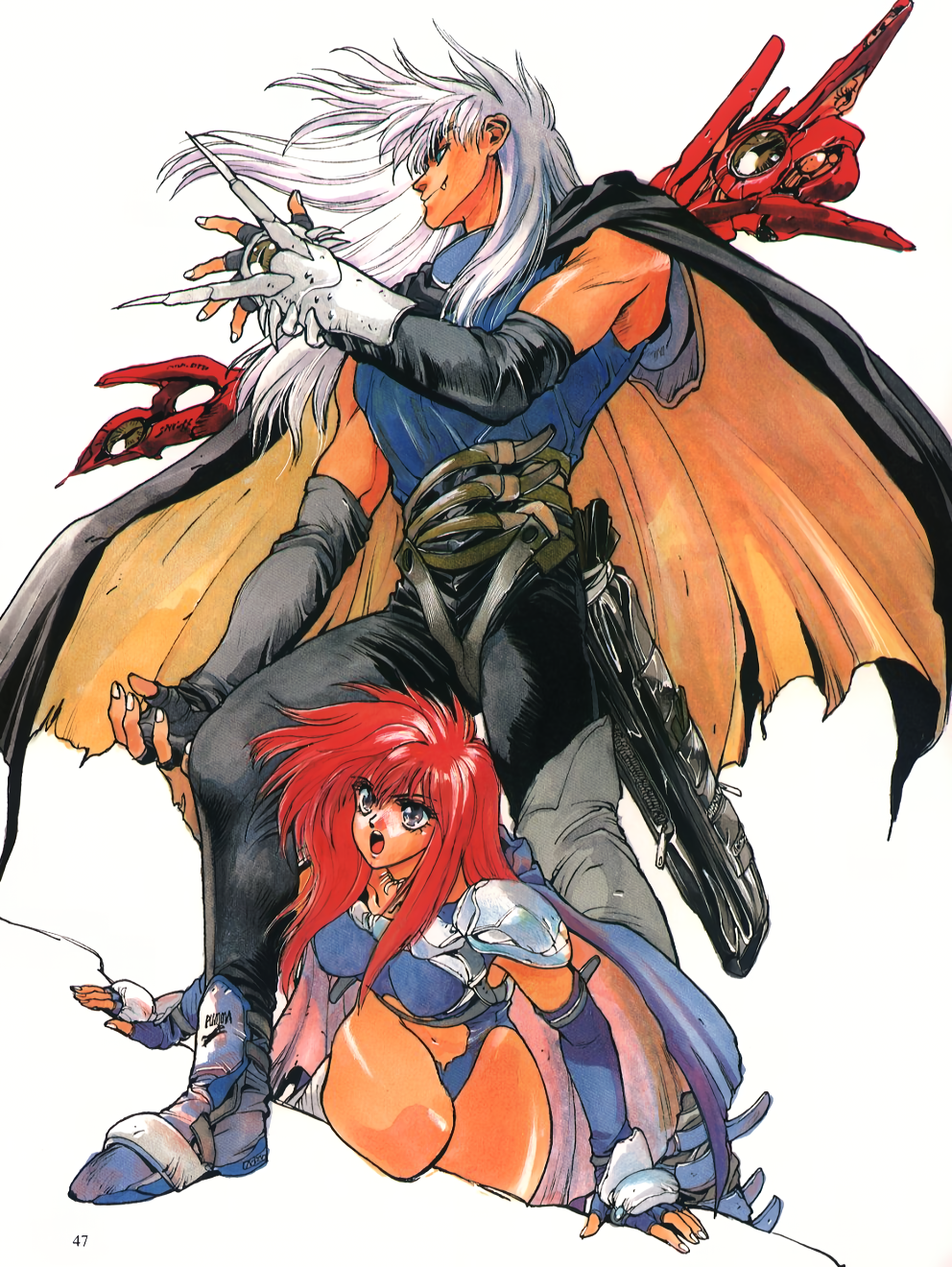 1990s_(style) 1boy 1girl armor bastard!! belt blue_eyes blue_shirt boots cape dark_schneider fang fang_out fingerless_gloves gauntlets gloves hagiwara_kazushi highres leotard non-web_source page_number red_hair retro_artstyle scepter shirt shoulder_armor simple_background sleeveless sleeveless_shirt tia_noto_yoko tight_clothes white_background white_hair
