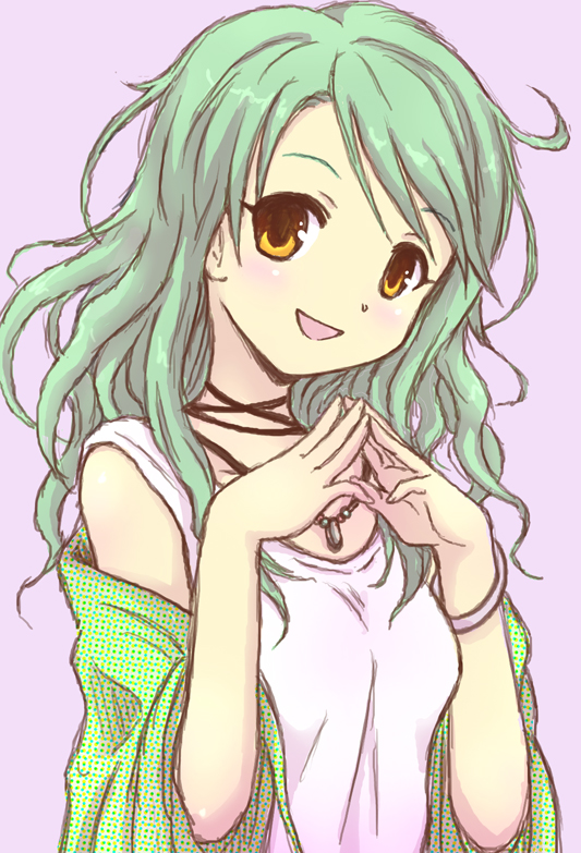 1girl bracelet green_hair green_shawl haikuro jewelry kitaooji_karen long_hair looking_at_viewer making_lovers open_mouth orange_eyes parted_bangs pendant purple_background shawl shirt solo steepled_fingers upper_body white_shirt