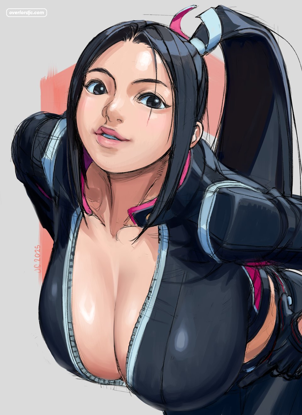 1girl black_eyes black_gloves black_hair black_jacket black_pants breasts cleavage crop_top cropped_jacket crossover fatal_fury fatal_fury:_city_of_the_wolves gloves bad_tag bad_tag high_ponytail highres holding jacket large_breasts leaning_forward lips long_hair looking_at_viewer official_alternate_costume overlord_jc pants ponytail shiranui_mai