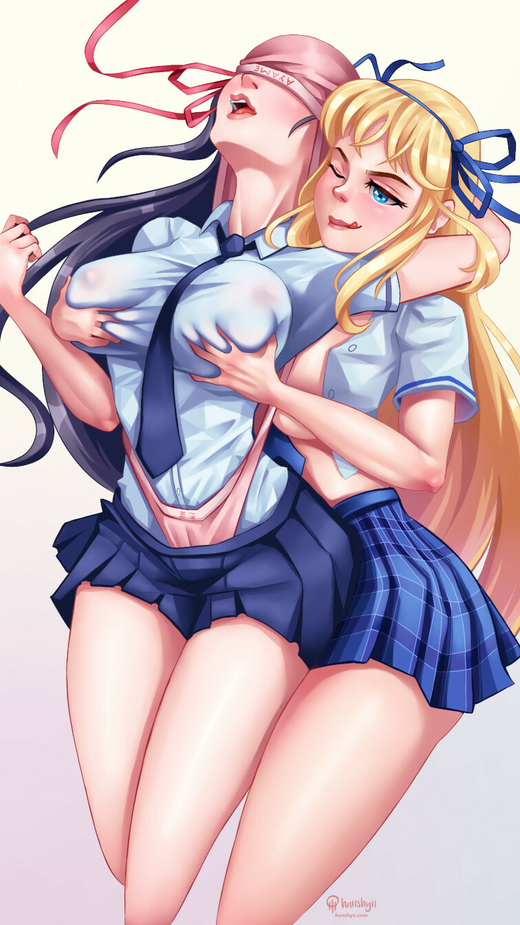 2girls ayame_(senran_kagura) black_hair blonde_hair blush breast_press breasts clothes grabbing_another&#039;s_breast grabbing_from_behind groping hanshyn highres katsuragi_(senran_kagura) large_breasts long_hair multiple_girls one_eye_closed open_clothes open_mouth panties pink_panties school_uniform senran_kagura simple_background skirt smile tongue tongue_out underwear wedgie yuri