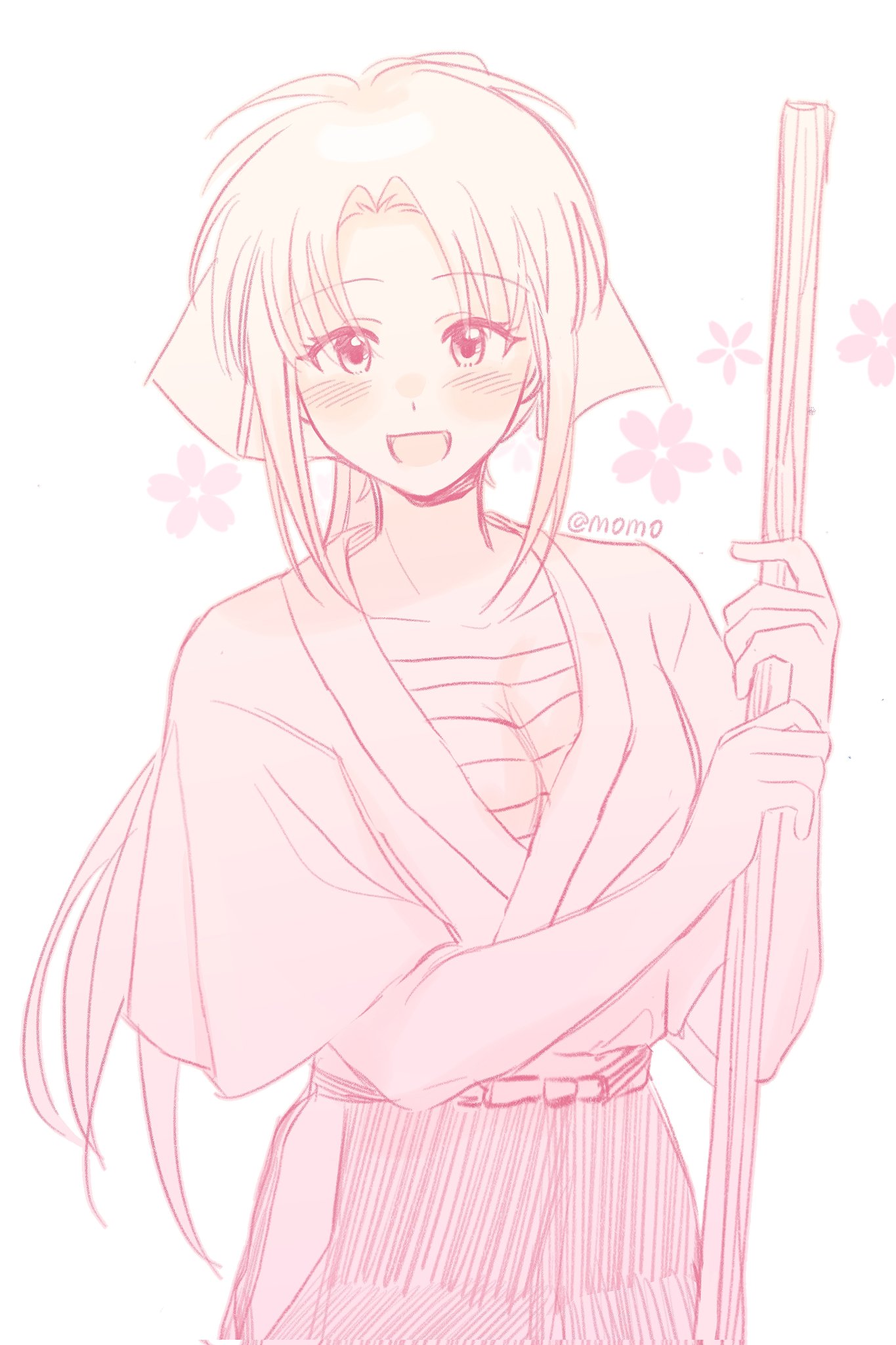 1girl abcd0060 bandaged_chest blush breasts cherry_blossoms chest_sarashi collarbone commentary_request flower hair_ribbon hakama hakama_pants highres holding japanese_clothes kamiya_kaoru long_hair looking_at_viewer medium_breasts monochrome open_mouth pants parted_lips pink_flower pink_theme ponytail ribbon rurouni_kenshin sarashi sidelocks simple_background smile solo twitter_username upper_body white_background