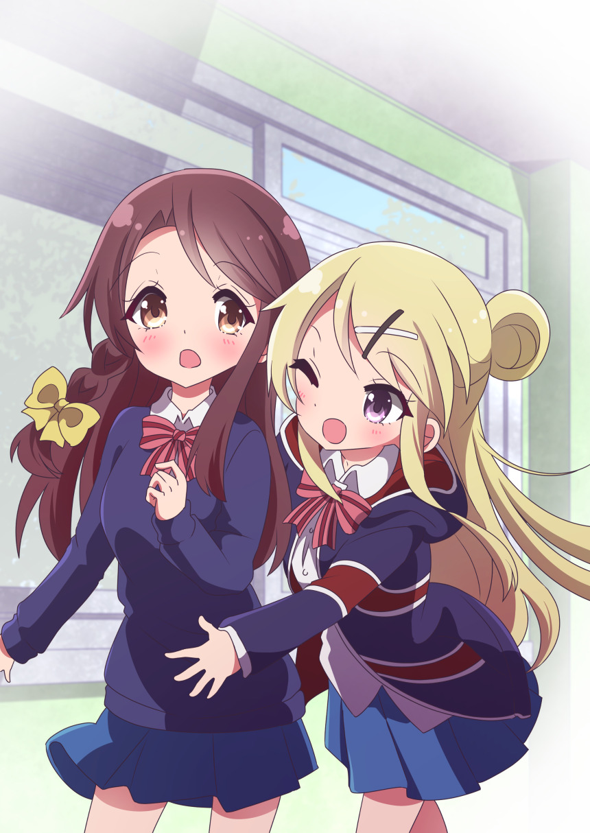2girls blonde_hair blue_skirt blue_sweater bow bowtie braid brown_eyes brown_hair commentary_request cowboy_shot dress_shirt flag_print hair_bun hair_ornament hairclip highres honkawa_works jacket kin-iro_mosaic kujou_karen long_hair matsubara_honoka multiple_girls open_mouth pleated_skirt purple_eyes school_uniform shirt side_bun single_braid single_hair_bun single_side_bun skirt smile standing striped_bow striped_bowtie striped_clothes striped_neckwear sweater union_jack white_shirt window x_hair_ornament