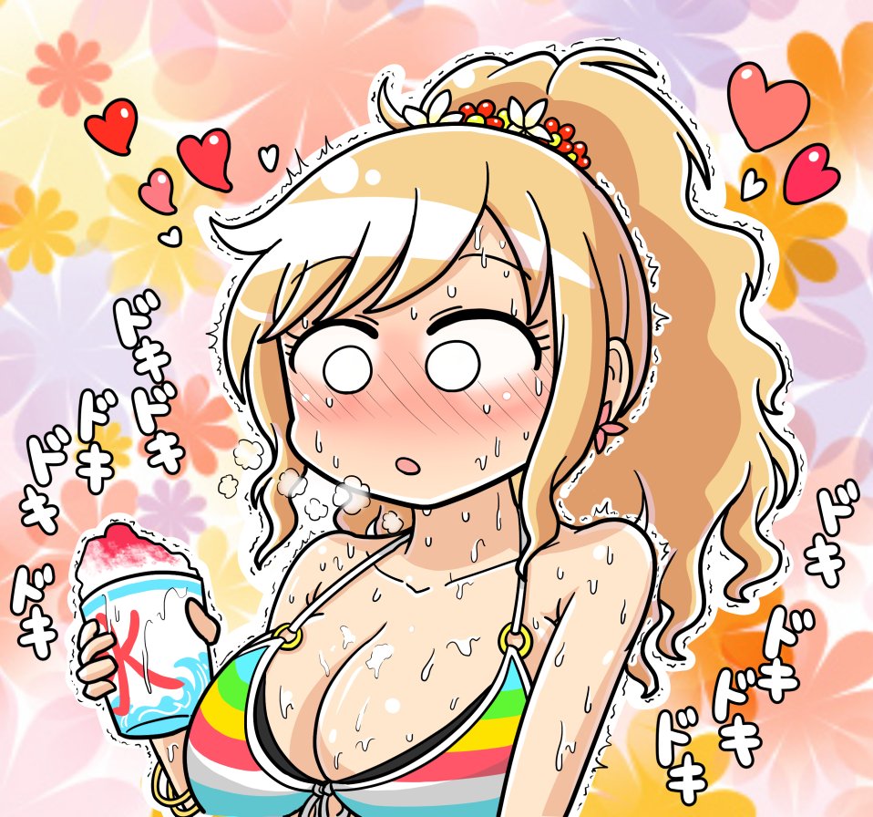 1girl bare_shoulders bikini blank_eyes blonde_hair blush bracelet breasts cleavage collarbone cup earrings embarrassed floral_background flower flower_earrings food front-tie_bikini_top front-tie_top hair_flower hair_ornament hand_up heart heavy_breathing holding holding_cup idolmaster idolmaster_cinderella_girls idolmaster_cinderella_girls_starlight_stage jewelry large_breasts long_hair looking_at_another looking_down mismatched_bikini motion_lines multicolored_background multiple_bracelets o-ring o-ring_bikini ohtsuki_yui open_mouth orange_flower pink_flower ponytail purple_flower red_flower shaved_ice solo striped_bikini striped_clothes sweat swimsuit tsunamayo upper_body wavy_hair wet white_flower yellow_flower