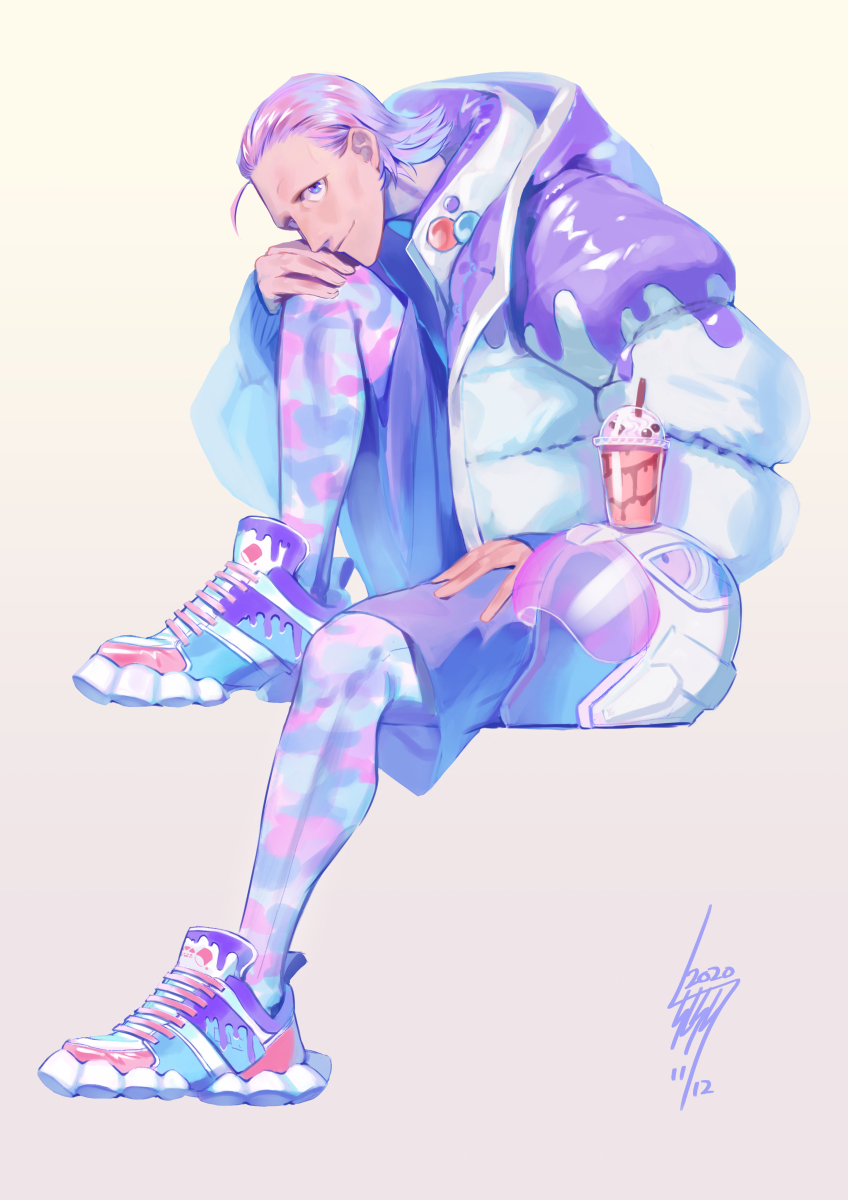 1boy ahoge alternate_costume artist_name assault_visor bangs_pinned_back bishop_(daemon_x_machina) blue_eyes closed_mouth coat cream cup daemon_x_machina dated disposable_cup drink drinking_straw forehead frappuccino from_side full_body gradient_background hand_on_own_knee hand_up happy helmet highres jacket knee_up leaning_forward leggings legs long_sleeves looking_at_viewer male_focus motorcycle_helmet multicolored_leggings multicolored_shoes open_clothes open_coat pink_hair purple_shorts shoes shorts signature simple_background sitting smile sneakers solo tsunetaka_rakurai unworn_headwear unworn_helmet white_coat white_headwear white_jacket yellow_background yume_kawaii