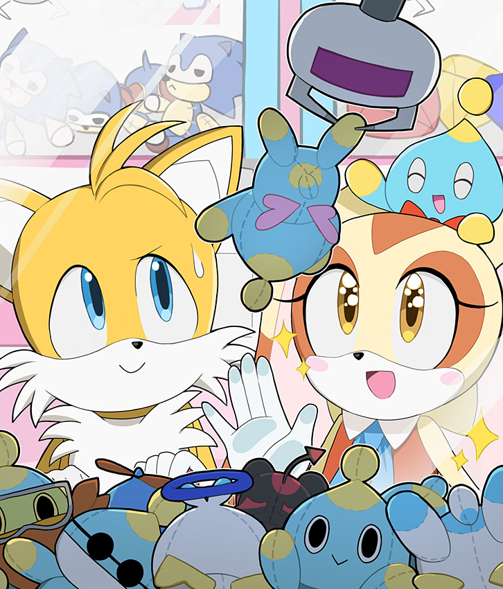 blonde_hair blue_eyes brown_eyes catcher chao_(sonic) cheese_(sonic) child crane_game cream_the_rabbit dark_chao dress fox gloves hero_chao long_ears omochao orange_fur orange_hair rabbit sega smile sonic_(series) sonic_the_hedgehog stuffed_toy sweatdrop tails_(sonic) toy yellow_fur