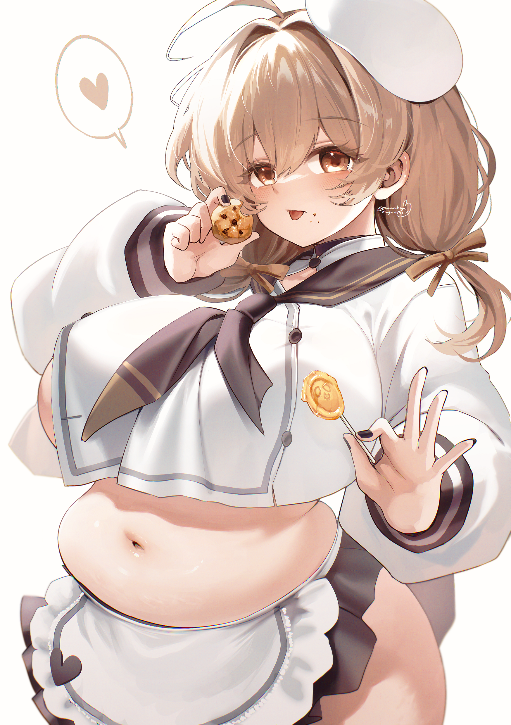 1girl absurdres ahoge apron belly black_nails black_skirt bready_(nikke) breasts brown_eyes brown_hair brown_neckerchief brown_ribbon candy chocolate_chip_cookie cookie cowboy_shot cropped_shirt crumbs food food_on_face goddess_of_victory:_nikke hair_ribbon hands_up heart highres holding holding_candy holding_cookie holding_food holding_lollipop huge_breasts large_breasts lollipop long_hair long_sleeves looking_at_viewer low_twintails miniskirt momoko_nico nail_polish navel neckerchief ok_sign patissier plaid_clothes plaid_skirt plump popped_button ribbon shirt sideboob sidelocks signature simple_background skirt solo speech_bubble spoken_heart stomach stretch_marks tongue tongue_out twintails waist_apron white_background white_hair white_shirt