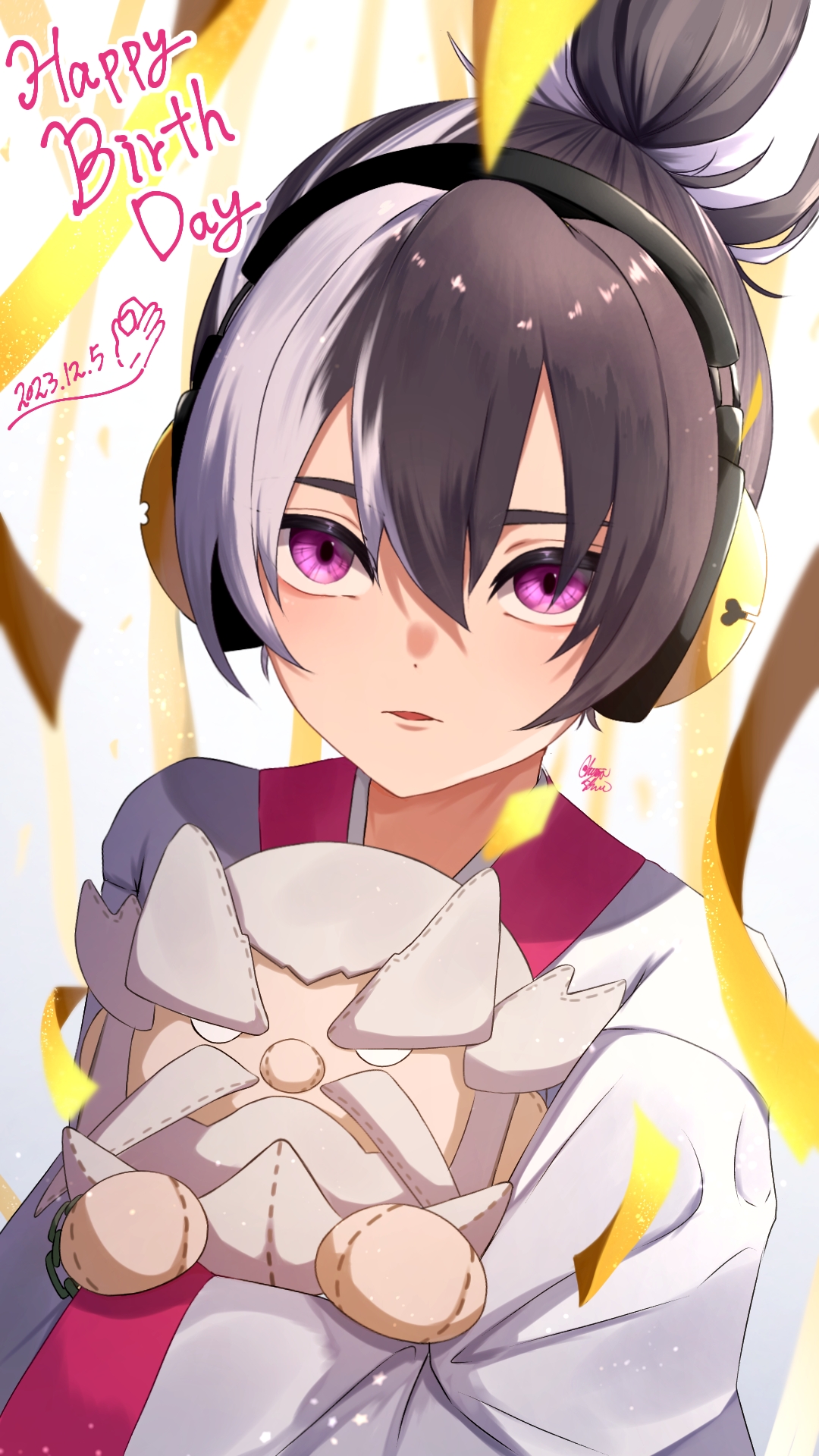 1girl brown_hair confetti dated english_text grey_hair guilty_gear guilty_gear_xrd hair_between_eyes hair_bun happy_birthday headphones highres kum_haehyun kum_jonryoku long_hair long_sleeves looking_at_viewer multicolored_hair parted_lips purple_eyes single_hair_bun tukaharakaname two-tone_hair