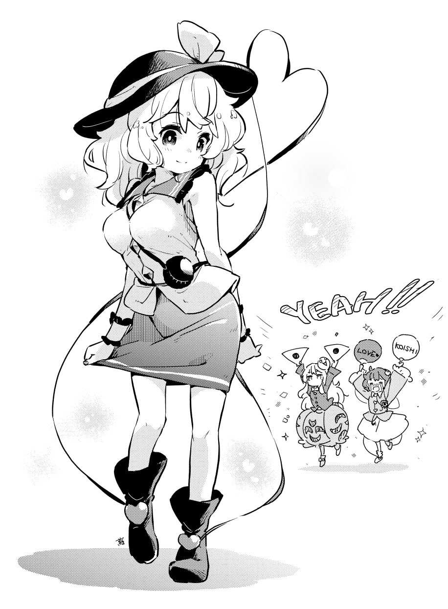 3girls blouse eyeball greyscale hat hat_ribbon hata_no_kokoro heart heart_of_string highres komeiji_koishi komeiji_satori mask mask_on_head monochrome multiple_girls ribbon shirt short_hair siblings simple_background sisters tanasuke third_eye touhou white_background