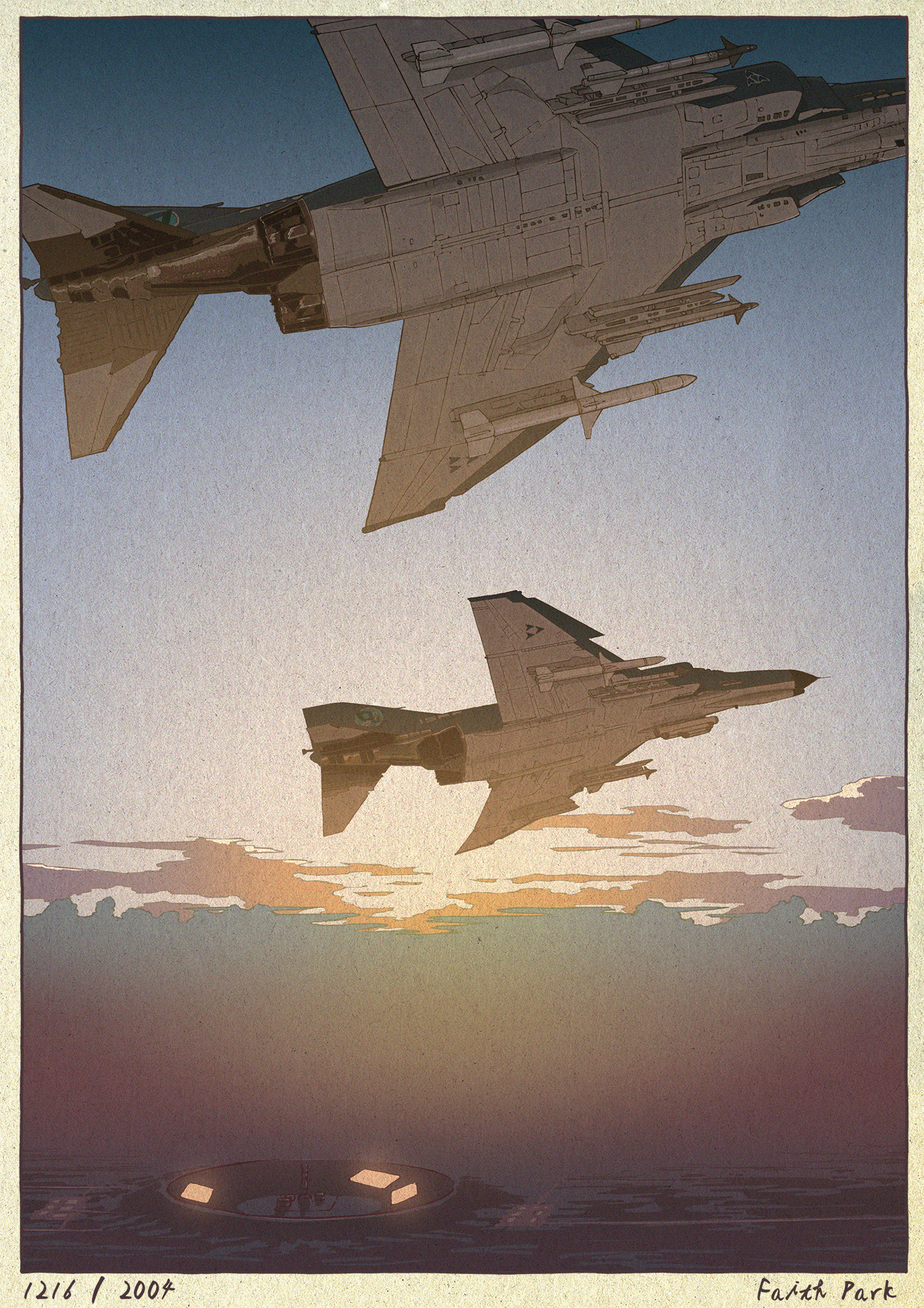 ace_combat ace_combat_04 aim-9_sidewinder aircraft airplane border commentary_request english_text f-4_phantom_ii fighter_jet fine_art_parody flying highres military military_vehicle mobius_1 nihonga no_humans outdoors parody sky ukiyo-e yuukou