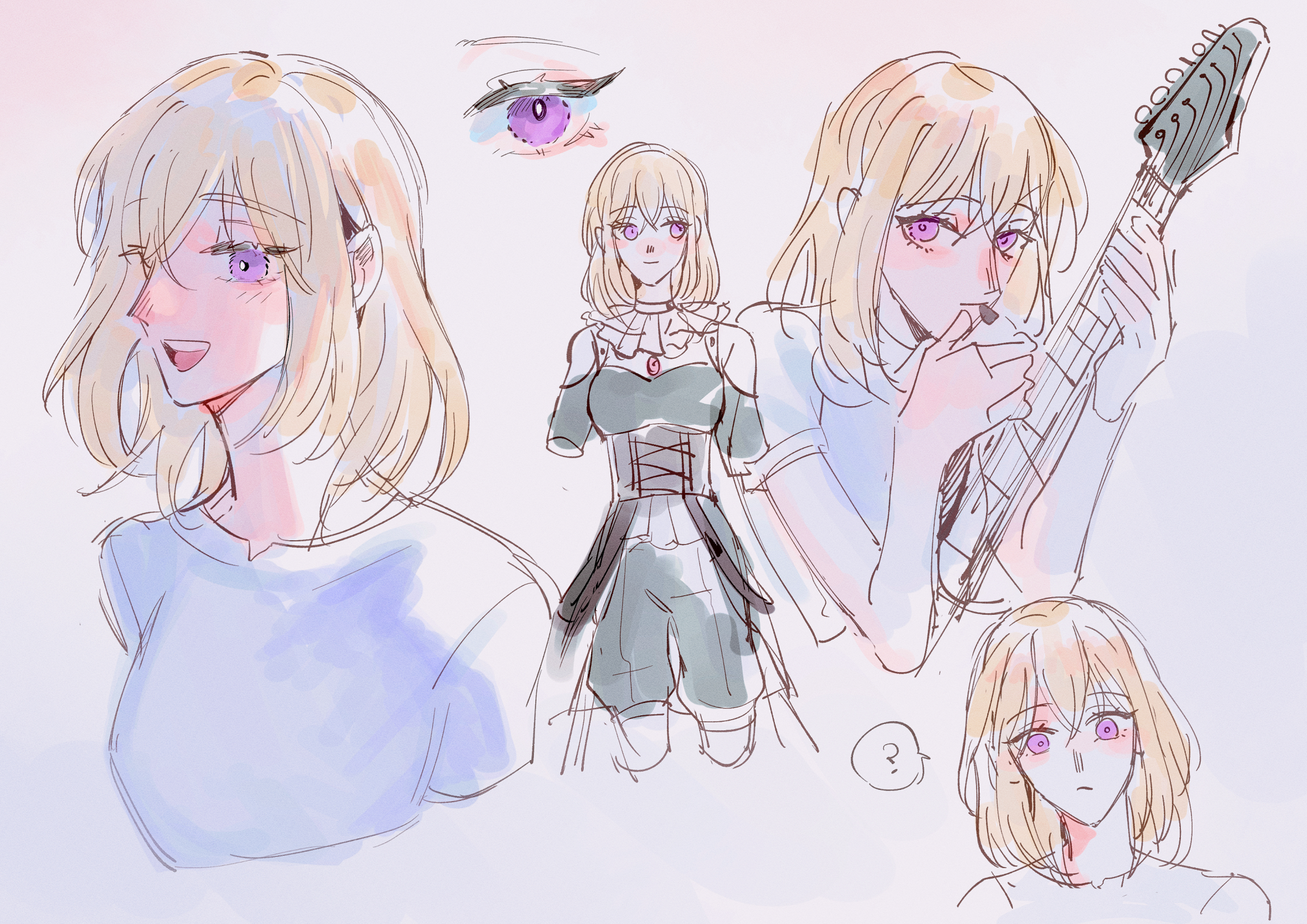 1girl ? bang_dream! bang_dream!_it's_mygo!!!!! black_dress blonde_hair closed_mouth commentary doloris_(bang_dream!) dress electric_guitar guitar highres holding holding_guitar holding_instrument instrument looking_at_viewer maybecrosswise medium_hair misumi_uika multiple_views open_mouth purple_eyes shirt short_sleeves smile spoken_question_mark white_shirt
