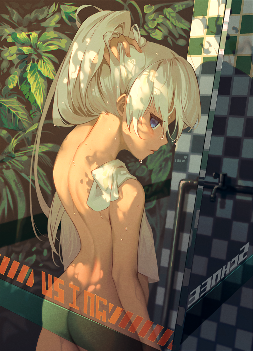 1girl ass blue_eyes blush butt_crack completely_nude english_text engrish_text female_focus foliage from_behind from_outside glass_door hair_down highres long_hair looking_at_viewer looking_back mixed-language_commentary nude ranguage revision rwby shower_(place) solo towel towel_on_one_shoulder wangxiii weiss_schnee wet white_hair