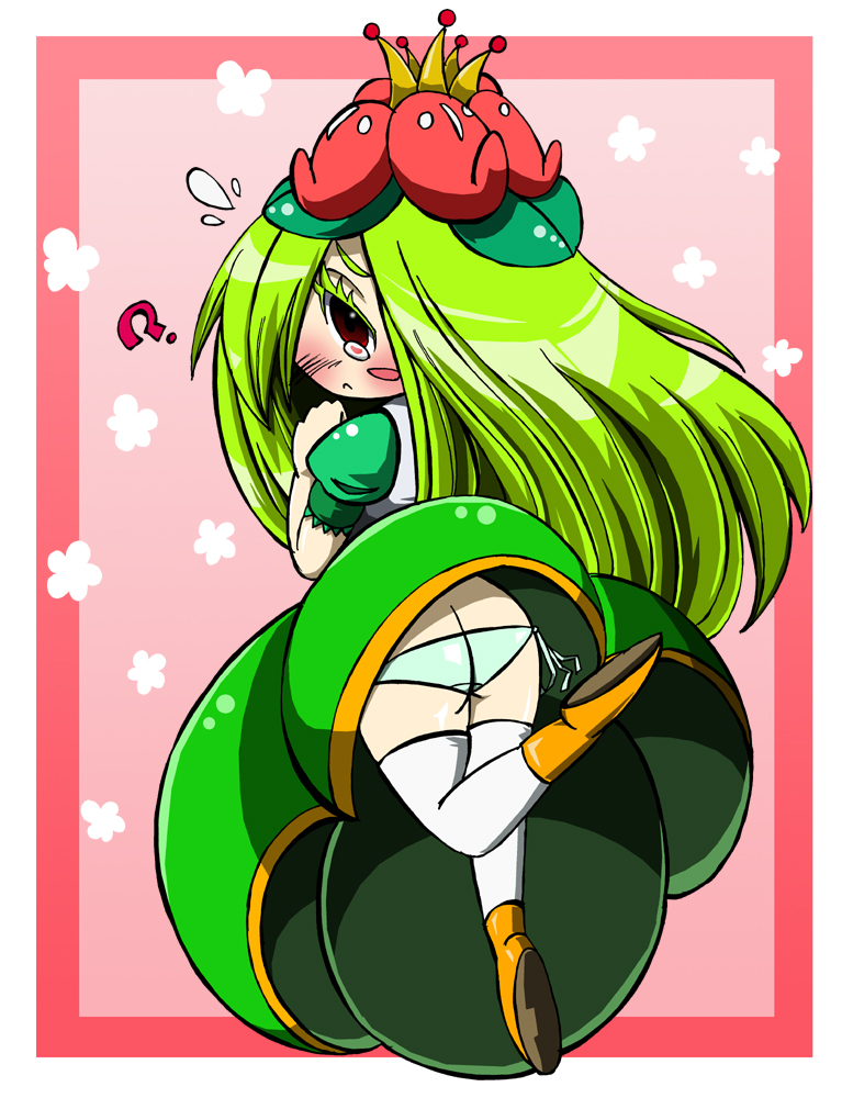 1girl ? ass blush brown_shoes butt_crack caught_staring crown dress embarrassed floral_background flower from_behind gen_5_pokemon gown green_dress green_hair green_panties hair_flower hair_ornament hair_over_one_eye lilligant lkagami long_hair looking_at_viewer looking_back monster_girl nintendo panties pantyshot personification pink_background plant_girl pokemon puffy_sleeves red_eyes shoes short_sleeves side-tie_panties standing tears thighhighs underwear upskirt white_thighhighs wind wind_lift