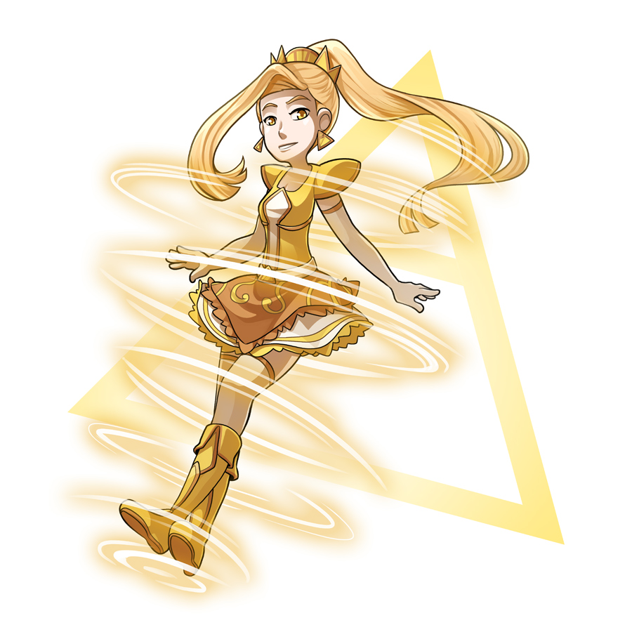 1girl bad_id bad_tumblr_id blonde_hair boots crossed_legs dress earrings elbow_gloves female_focus full_body gloves high_ponytail jewelry mary_cagle official_art ponytail sleepless_domain smile solo sylvia_skylark thighhighs tiara triangle white_gloves yellow_boots yellow_dress yellow_eyes zettai_ryouiki