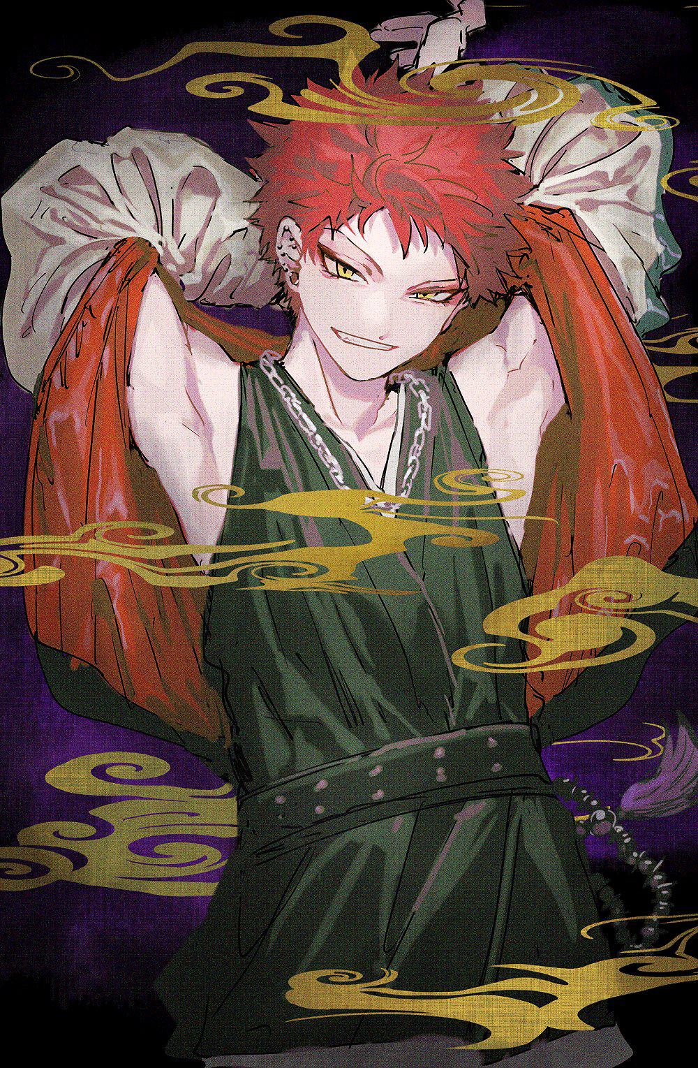 1boy abaraya armpits bare_shoulders bishounen cowboy_shot gradient_background green_tunic harai_kuko highres hypnosis_mic looking_at_viewer male_focus purple_background red_eyes removing_jacket simple_background smoke solo straight-on teeth tunic yellow_eyes