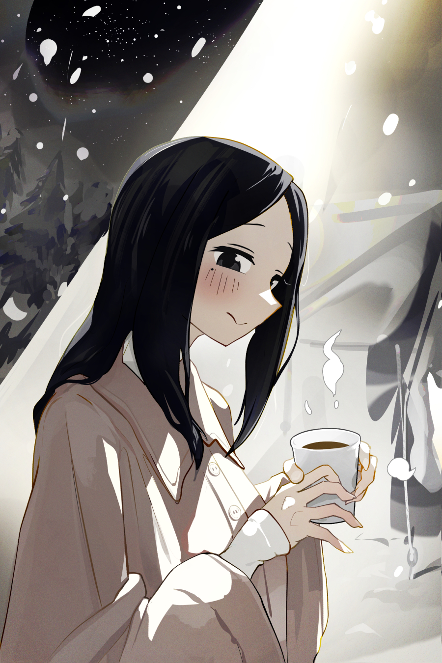 1girl black_eyes black_hair blush brown_coat closed_mouth coat collared_coat cup highres holding holding_cup hot_drink long_hair mo0o0rae mole mole_under_eye parted_bangs sakurai_touko senpai_ga_uzai_kouhai_no_hanashi snowing solo sweater upper_body white_sweater winter