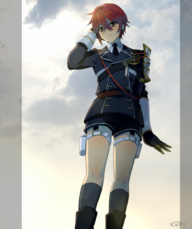 10s 1boy armor black_necktie buttons double-breasted gloves holster japanese_armor male_focus military military_uniform mizuhara_aki necktie red_hair shinano_toushirou shorts shoulder_armor sode solo thigh_holster touken_ranbu wrist_extended