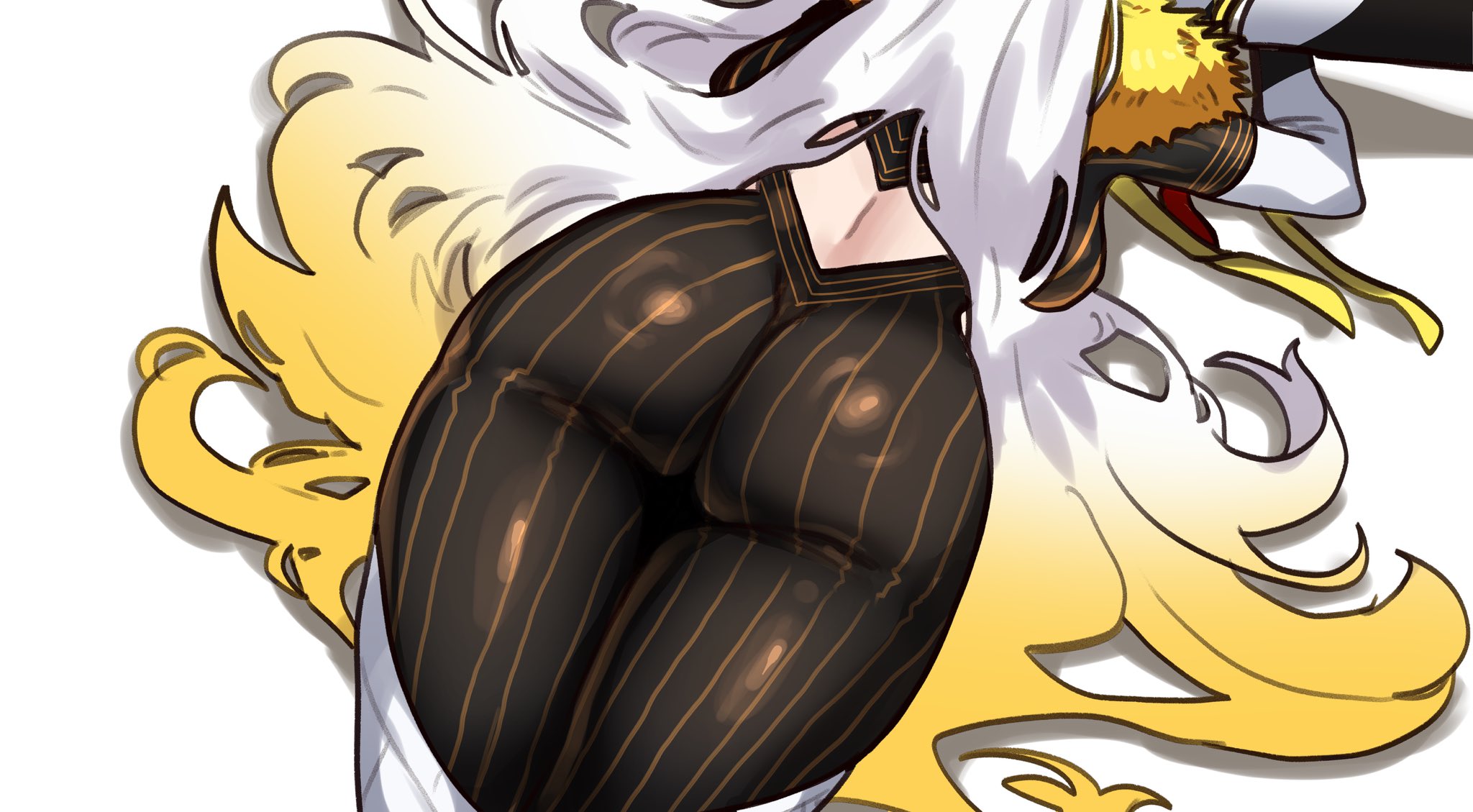 1girl ass back black_bodysuit black_pantyhose blonde_hair bodysuit boots breasts cloak e-grand_marie ebora fate/grand_order fate_(series) fur-trimmed_cloak fur_trim giant giantess gradient_hair highres horns long_hair long_sleeves lower_body medium_breasts multicolored_hair olga_marie_animusphere pantyhose shrug_(clothing) striped_bodysuit thigh_boots thighs u-olga_marie very_long_hair white_hair yellow_horns