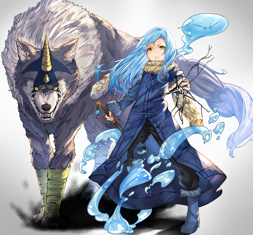 1other blue_footwear blue_hair blue_jacket boots closed_mouth fur-trimmed_sleeves fur_trim holding holding_sword holding_weapon horns jacket long_hair long_sleeves momomo_(user_xnfy4284) ranga_(tensura) rimuru_tempest rimuru_tempest_(slime) sharp_teeth single_horn sword teeth tensei_shitara_slime_datta_ken v-shaped_eyebrows weapon wolf yellow_eyes