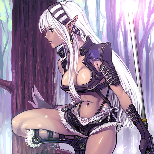 1girl against_tree armor breasts bridal_gauntlets cleavage d-dog dark-skinned_female dark_skin earrings elf fantasy_masters female_focus gloves hairband jewelry kdog midriff navel pointy_ears profile solo tree weapon white_hair