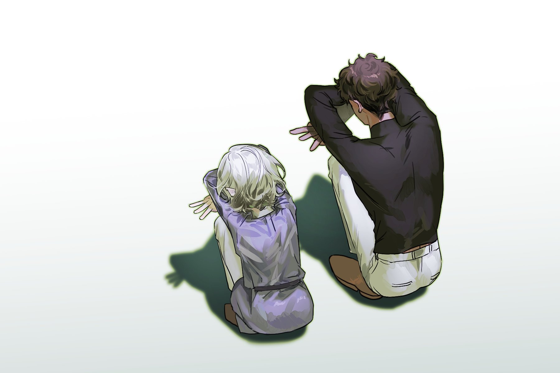 2boys arms_up bags_under_eyes black_hair cat_shadow_puppet_(meme) curly_hair dark-skinned_male dark_skin dungeon_meshi elf from_behind grey_hair highres kabru leave_me_nxt male_focus meme mithrun multiple_boys notched_ear pants pointy_ears shadow shadow_puppet shirt shoes short_hair simple_background squatting tunic turtleneck white_background