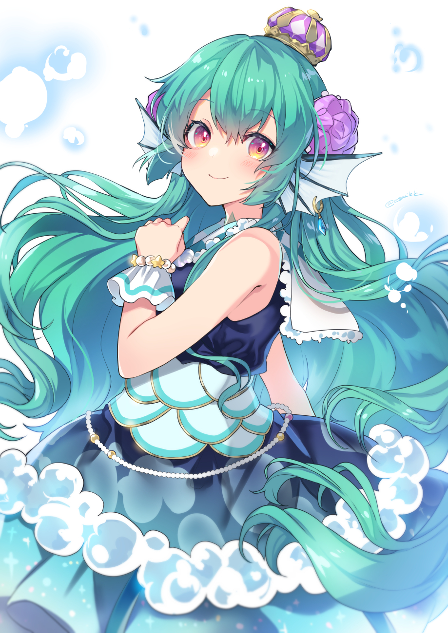 1girl black_shirt black_skirt blouse blue_skirt blush closed_mouth commentary_request crown fin_piercing finana_ryugu finana_ryugu_(1st_costume) fins fish_girl flower from_side green_hair hair_flower hair_ornament head_fins highres kgr long_hair mini_crown nijisanji nijisanji_en pleated_skirt purple_eyes purple_flower purple_rose rose shirt skirt sleeveless sleeveless_shirt smile solo very_long_hair virtual_youtuber white_background wrist_cuffs