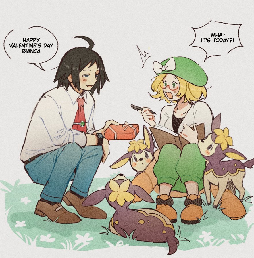 1boy 1girl ahoge belt bianca_(pokemon) black_hair blonde_hair book bow box brown_shoes cheren_(pokemon) collared_shirt commentary deerling english_text gen_5_pokemon gift gift_box green_hat green_pants hat hat_bow holding holding_book holding_gift holding_pen miiyokoe necktie nintendo open_mouth orange_shoes pants pen pokemon pokemon_(creature) pokemon_bw2 red-framed_eyewear red_necktie semi-rimless_eyewear shirt shoes short_hair smile speech_bubble squatting tie_clip valentine white_bow white_shirt