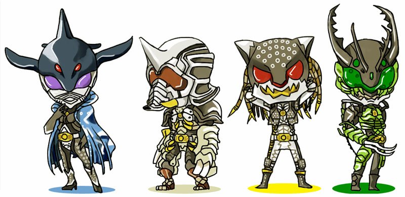 1girl 3boys bodysuit chibi gamel gauntlets grin helmet horns kamen_rider kamen_rider_ooo_(series) kazari looking_at_viewer ma_(pixiv2418913) mezul monster multiple_boys simple_background smile teeth uva white_background