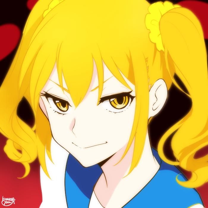 1girl blonde_hair headshot kisaragi_yuu_(fallen_sky) looking_at_viewer panty_&amp;_stocking_with_garterbelt parody poptepipic popuko school_uniform smile style_parody twintails yellow_eyes