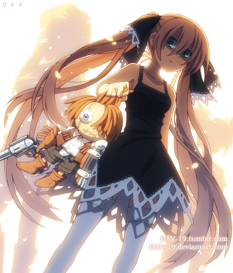 1girl aqua_eyes black_dress blonde_hair chuck_(shaman_king) closed_mouth dav-19 doll dress expressionless female_focus frown green_eyes holding holding_doll long_hair marion_phauna shaman_king short_dress signature simple_background sleeveless sleeveless_dress solo standing strap thighhighs very_long_hair watermark web_address white_background white_thighhighs