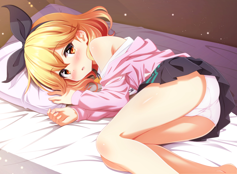 1girl ass bare_shoulders bed_sheet black_hairband black_ribbon black_skirt blonde_hair blush commentary_request commission feet_out_of_frame girlfriend_(kari) hair_between_eyes hair_ribbon hairband hands_up jacket looking_at_viewer off_shoulder open_clothes open_jacket panties parted_lips pillow pink_jacket pixiv_commission pleated_skirt red_eyes ribbon shirt skirt solo sui._(ayase) ukihashi_asuka underwear white_panties white_shirt