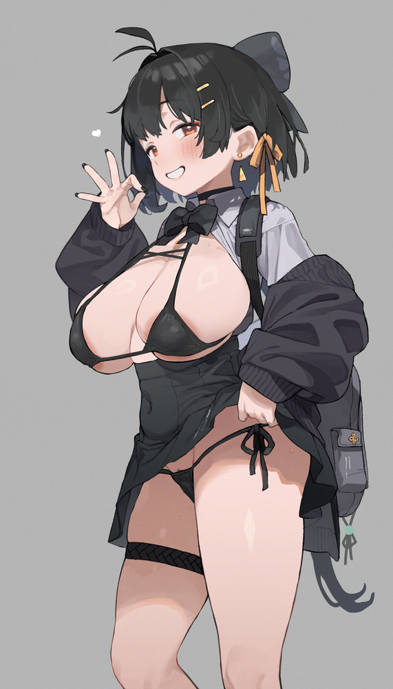 1girl areola_slip black_hair blush bra breasts commentary_request female_rover_(wuthering_waves) handjob_gesture hans.b huge_breasts legs looking_at_viewer panties pubic_hair pubic_hair_peek rover_(wuthering_waves) short_hair skindentation smile tagme thighhighs thighs underwear wuthering_waves