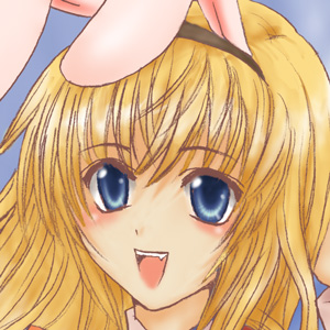 1girl 2000s_(style) animal_ears blonde_hair blue_background blue_eyes close-up commentary_request fake_animal_ears feliciel high_priest_(ragnarok_online) long_hair looking_at_viewer lowres open_mouth rabbit_ears ragnarok_online smile solo