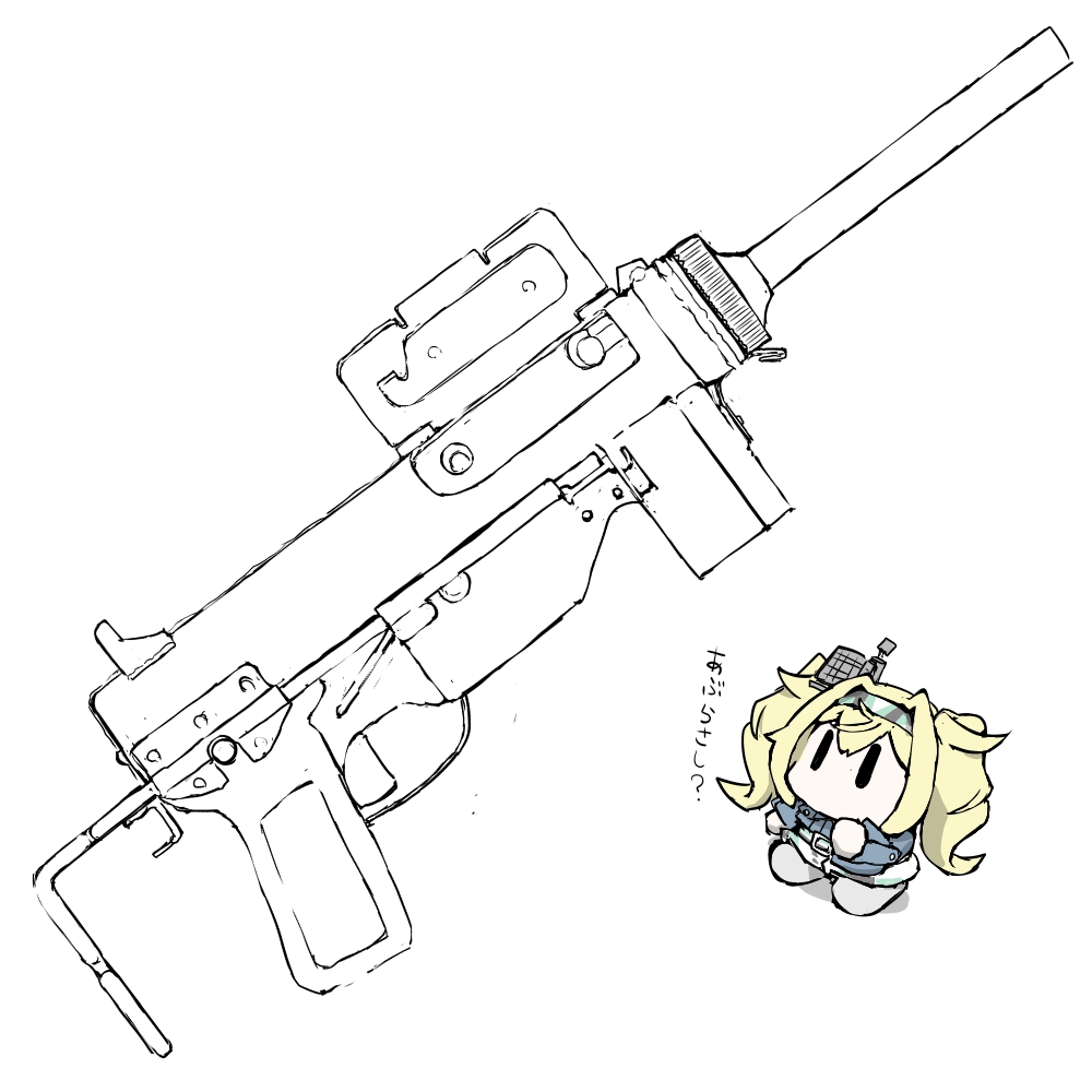1girl belt blonde_hair blue_shirt chibi collared_shirt commentary_request gambier_bay_(kancolle) grey_shoes gun hairband headgear kantai_collection long_hair m3_submachine_gun no_mouth shirt shoes simple_background solo submachine_gun task_(s_task80) twintails weapon white_background |_|