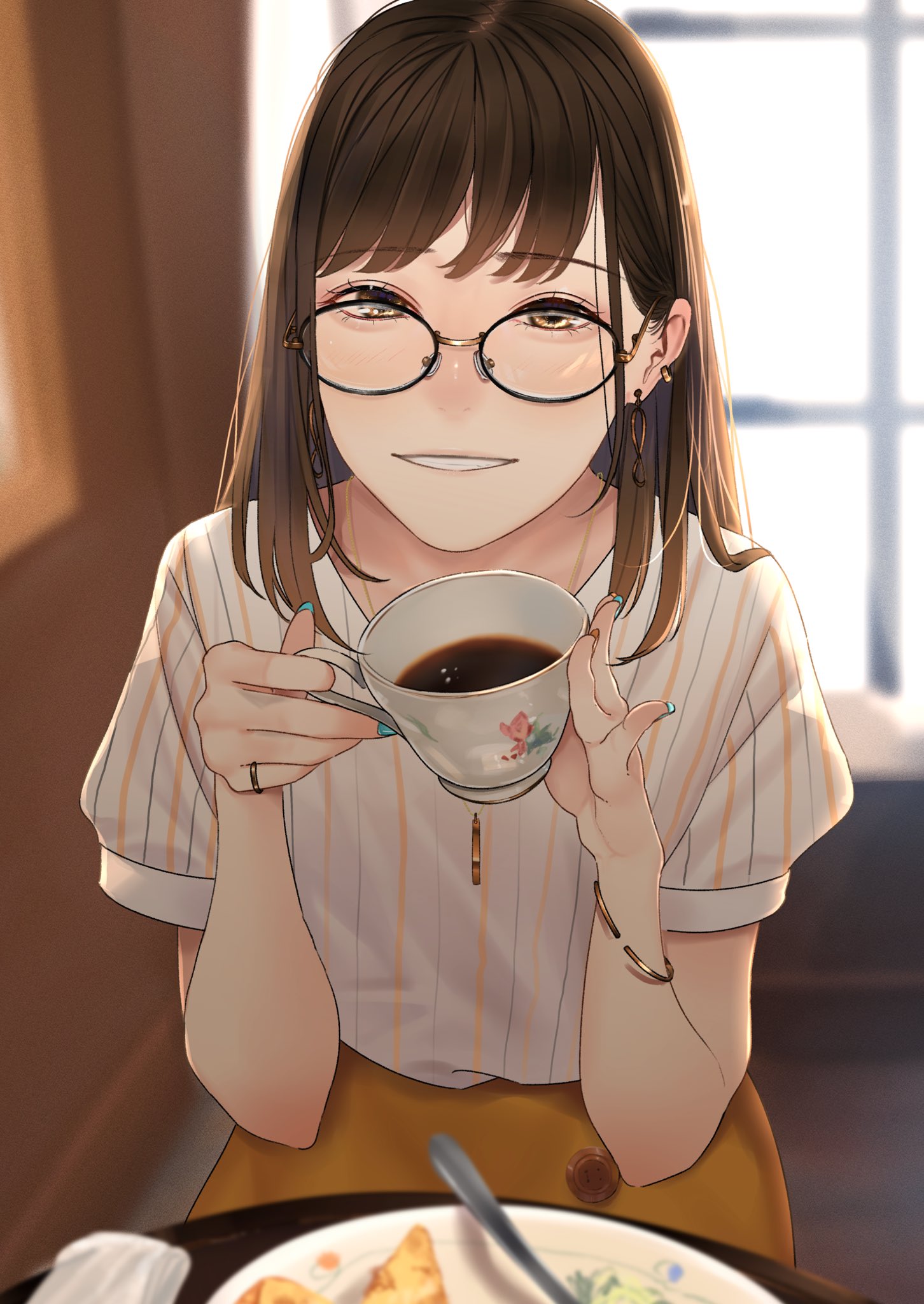 1girl black-framed_eyewear blurry blurry_foreground blush bracelet brown_eyes brown_hair cup earrings food glasses hands_up highres holding holding_cup indoors jewelry long_hair necklace original parted_lips plate ring saitou_(lynx-shrike) shirt short_sleeves sitting smile solo striped_clothes striped_shirt table white_shirt window