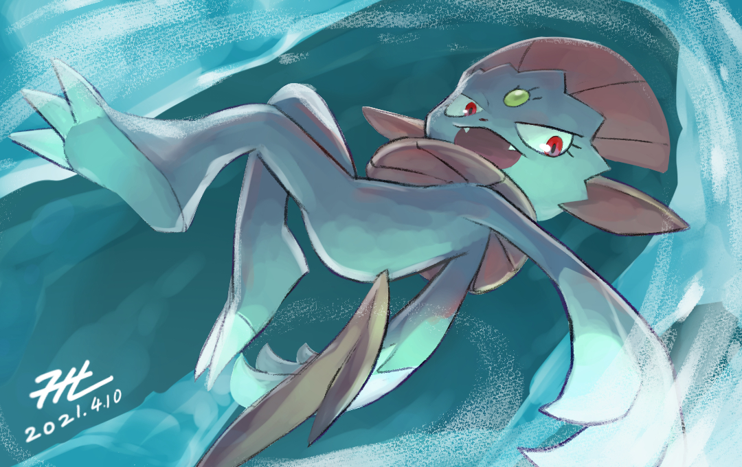 claws commentary_request dated fangs forehead_jewel gen_4_pokemon looking_to_the_side nintendo no_humans null_suke one-hour_drawing_challenge open_mouth pokemon pokemon_(creature) red_eyes signature tail weavile