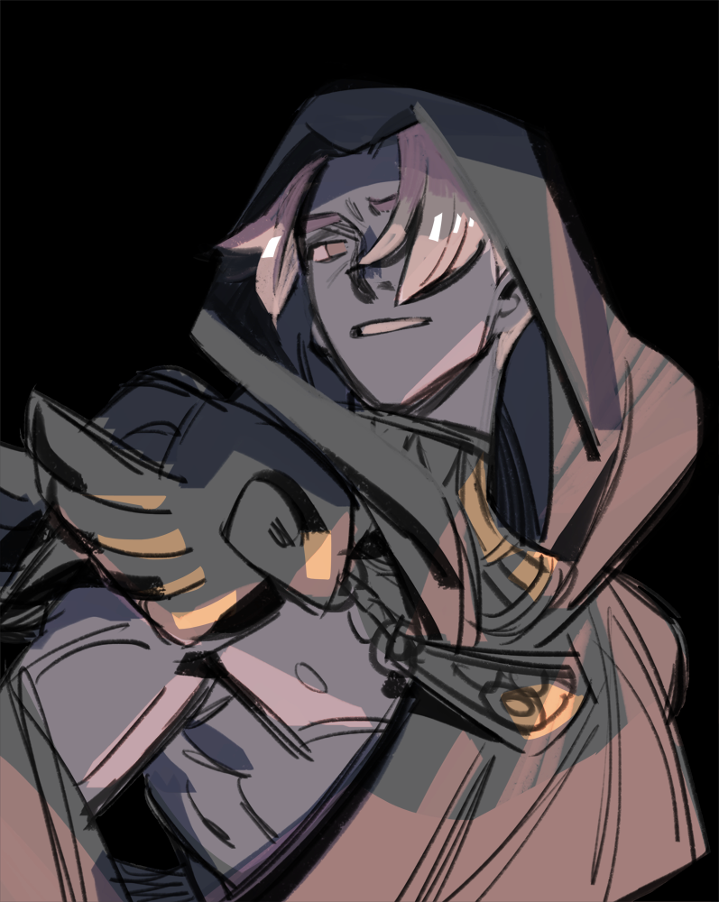 1boy armor bare_pectorals black_background commentary dark-skinned_male dark_skin english_commentary greco-roman_clothes hades_(series) hades_1 hair_over_one_eye hood hood_up looking_to_the_side male_focus nipples one_eye_covered parted_bangs parted_lips pauldrons pectorals prema-ja robe shoulder_armor sideways_glance simple_background single_pauldron sketch solo teeth thanatos_(hades) upper_body