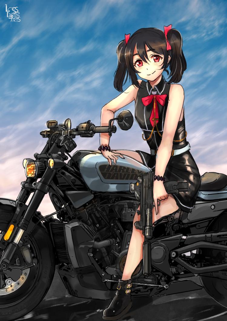 1girl alternate_costume artist_name bare_shoulders bead_bracelet beads belt black_boots black_hair black_skirt black_vest boots bow bowtie bracelet chain cloud cloudy_sky collared_vest commentary commentary_request english_commentary gold_chain gun hair_bow harley_davidson holding holding_gun holding_weapon jewelry looking_at_viewer losslessarts love_live! motor_vehicle motorcycle outdoors red_bow red_bowtie red_eyes sitting skirt sky sleeveless smile solo submachine_gun suppressor trigger_discipline twintails uzi vest weapon yazawa_nico