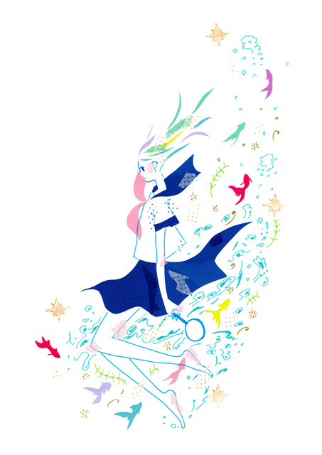 1girl bare_legs barefoot blonde_streaks blue_sailor_collar blue_skirt blue_streaks commentary_request fish floating_hair full_body holding holding_magnifying_glass long_hair magnifying_glass masking_tape_(medium) mixed_media multicolored_hair neckerchief original pink_neckerchief pink_streaks purple_streaks ryono sailor_collar school_uniform serafuku shirt short_sleeves skirt solo streaked_hair traditional_media unconventional_media white_background white_shirt