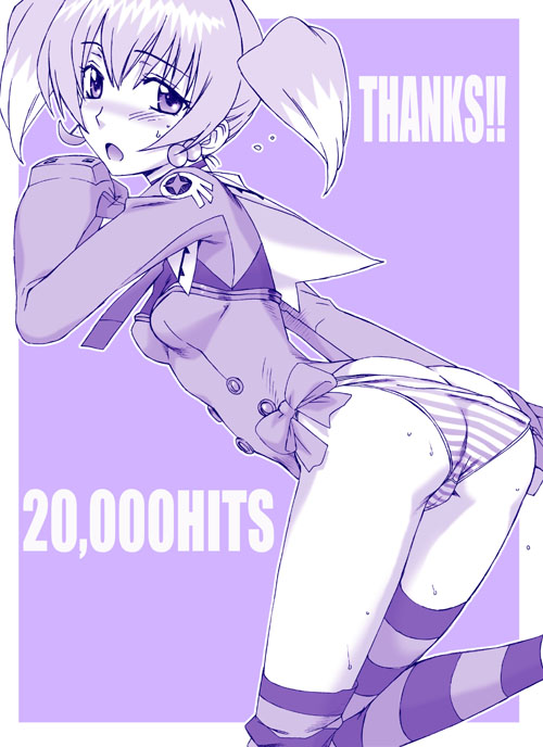 00s ass bent_over blush cameltoe chiko hanzaki_jirou leg_lift monochrome panties short_twintails solo striped_clothes striped_panties striped_thighhighs thighhighs top_wo_nerae!_(series) top_wo_nerae_2! twintails tycho_science underwear