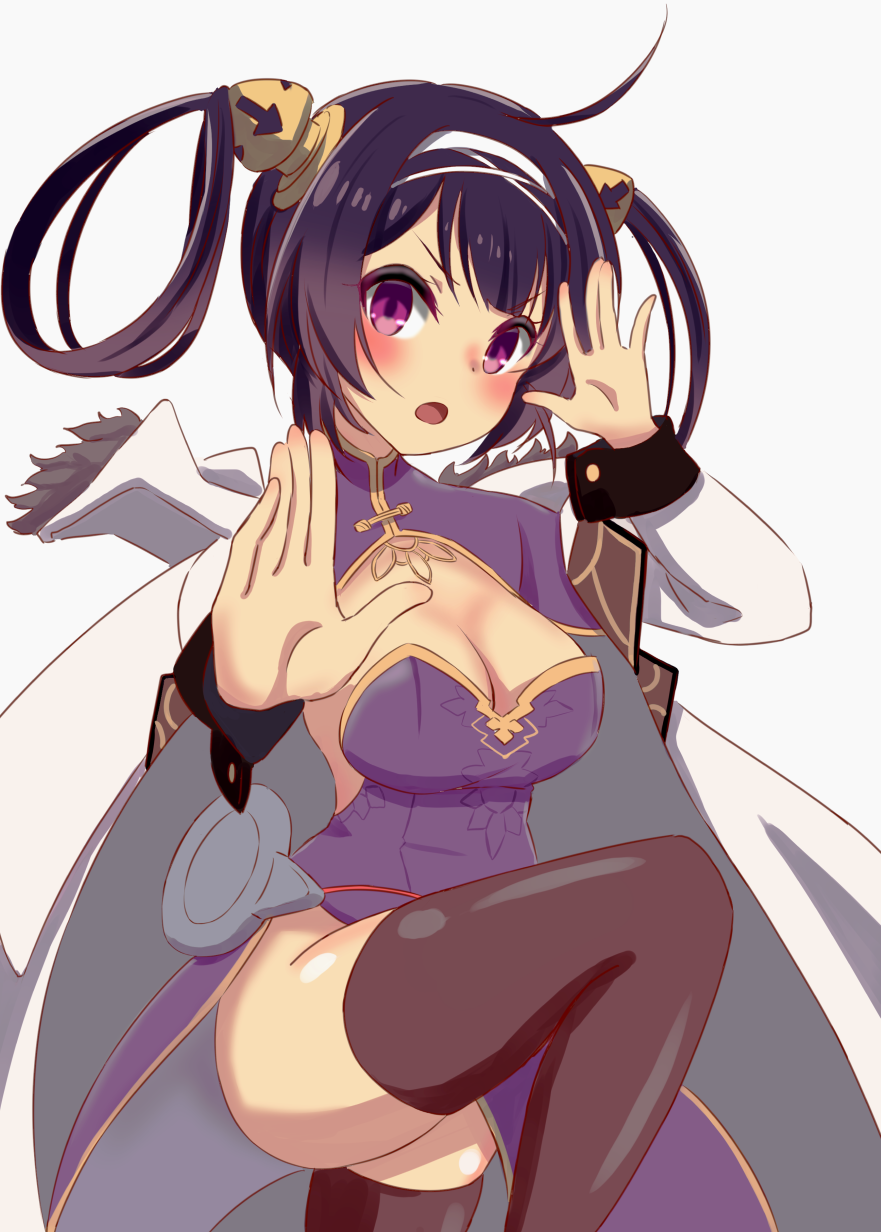 1girl ahoge azur_lane black_thighhighs blush breasts china_dress chinese_clothes cleavage coat dress female_focus hair_rings hairband highres large_breasts leg_up long_hair long_sleeves looking_at_viewer ning_hai_(azur_lane) ning_hai_(retrofit)_(azur_lane) open_clothes open_coat open_mouth porontyo_07 purple_dress purple_eyes purple_hair remodel_(azur_lane) side_slit simple_background solo thighhighs v-shaped_eyebrows white_background white_coat white_hairband