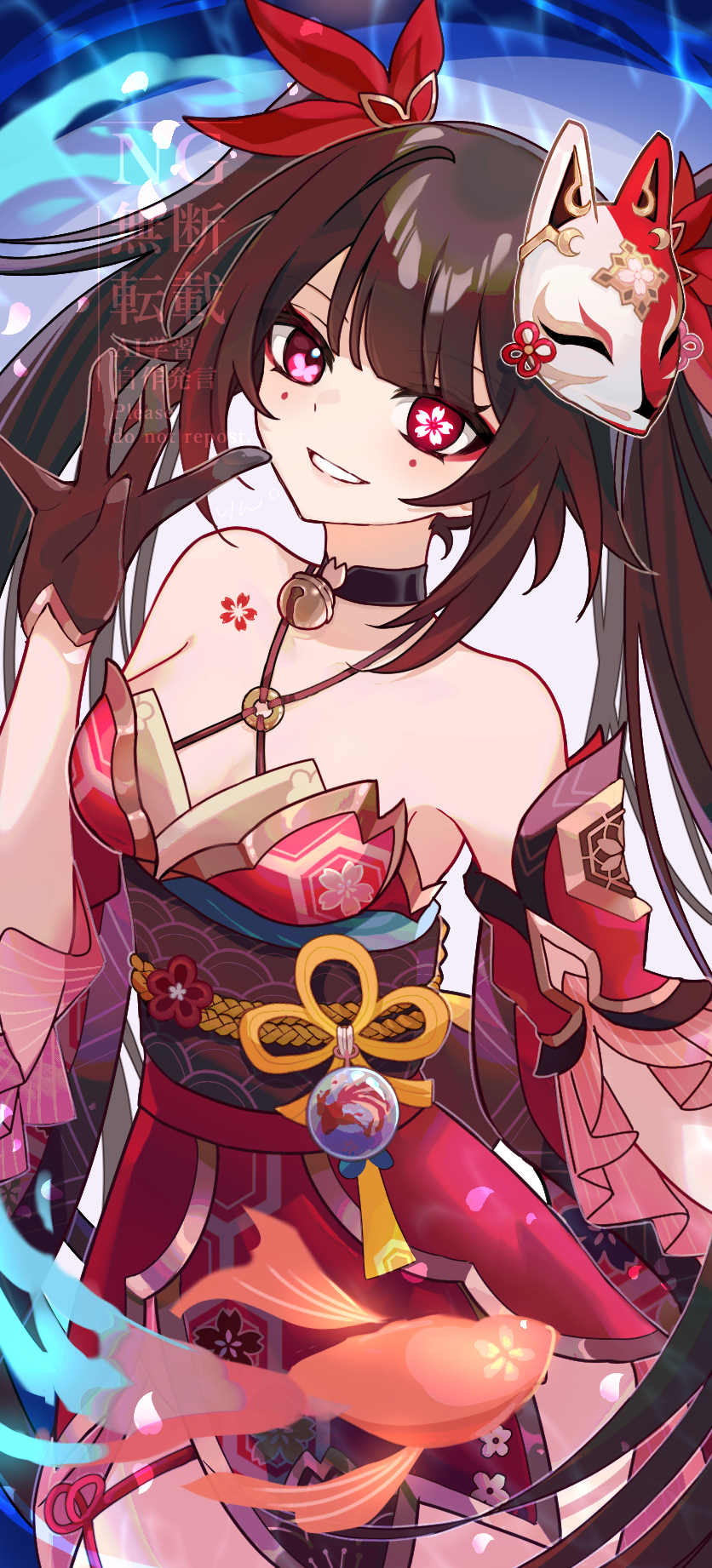 1girl animal bare_shoulders breasts brown_gloves brown_hair cleavage commentary_request detached_sleeves dress fish fox_mask gloves hand_up highres honkai:_star_rail honkai_(series) long_hair looking_at_viewer mask mask_on_head medium_breasts mismatched_pupils red_dress red_eyes red_sleeves short_sleeves smile solo sparkle_(honkai:_star_rail) twintails ufo_(23494318) very_long_hair watermark