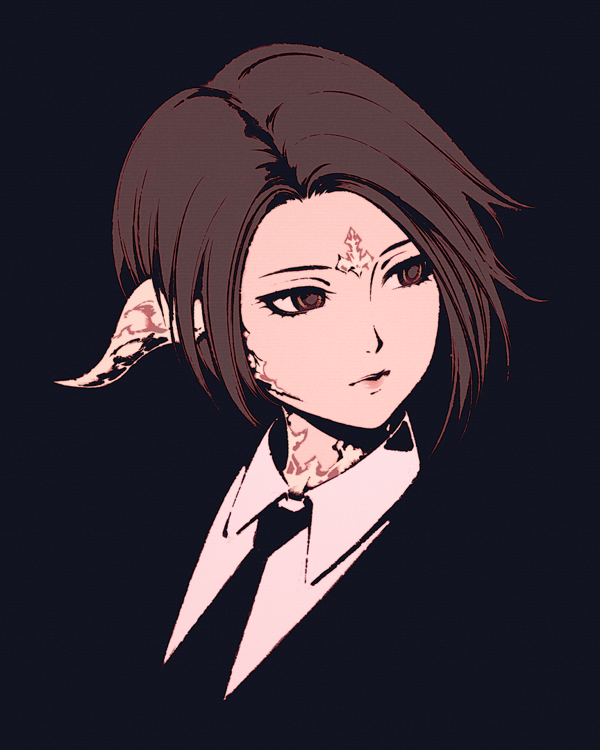 1girl au_ra black_necktie brown_hair collared_shirt commentary english_commentary final_fantasy final_fantasy_xiv formal_clothes horns moshimoshibe necktie shirt short_hair simple_background solo warrior_of_light_(ff14)