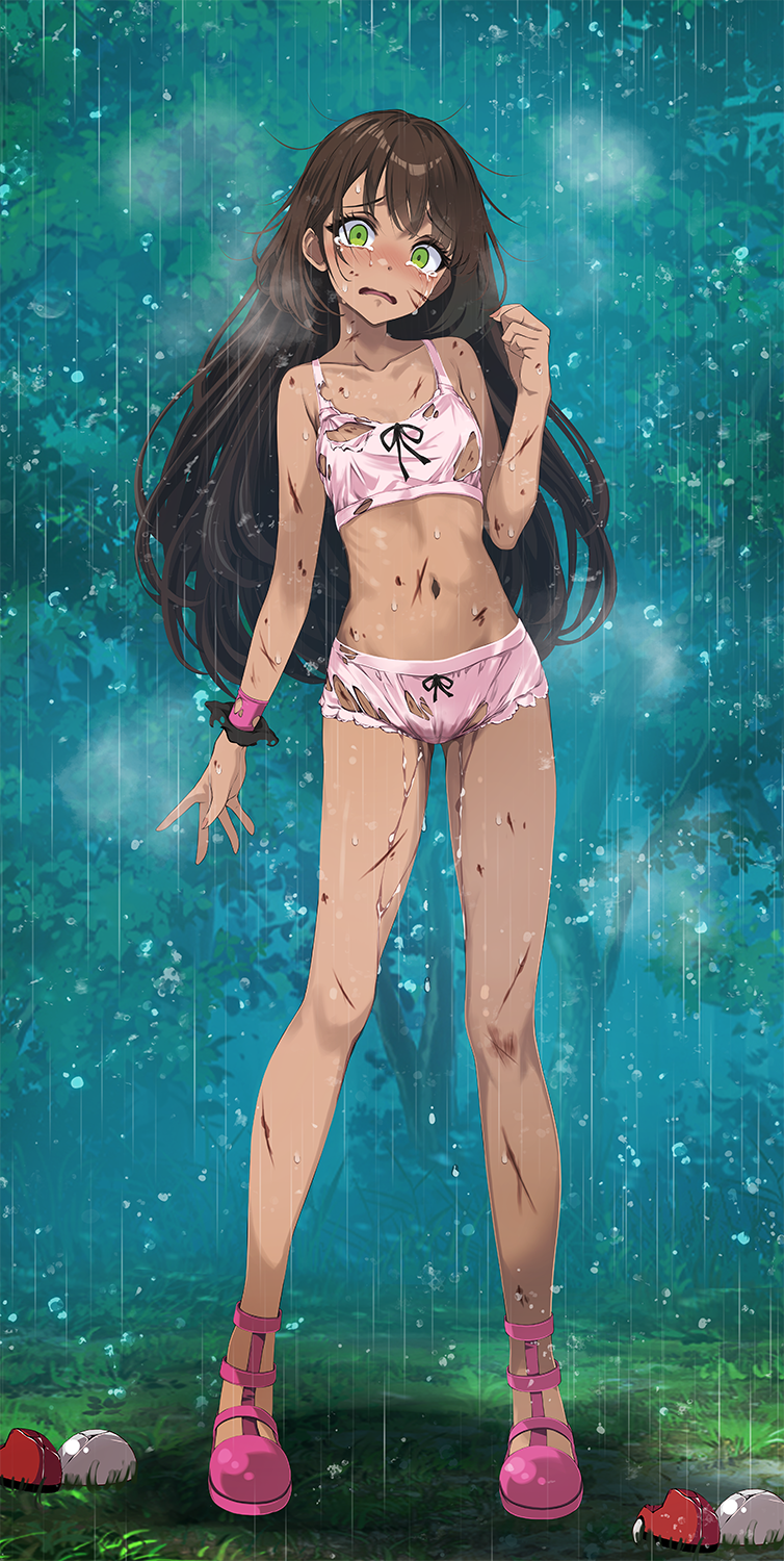 1girl bare_arms bare_legs blush bra brown_hair bruise bruise_on_face collarbone contrapposto crying dark-skinned_female dark_skin flat_chest forest full_body game_freak green_eyes head_tilt highres injury long_hair looking_at_viewer messy_hair nature navel nintendo open_mouth open_poke_ball outdoors panties pink_bra pink_panties pokemon pokemon_xy rain shauna_(pokemon) solo standing straight_hair tears torn_bra torn_clothes torn_panties tsukishiro_saika underwear underwear_only very_long_hair wavy_mouth